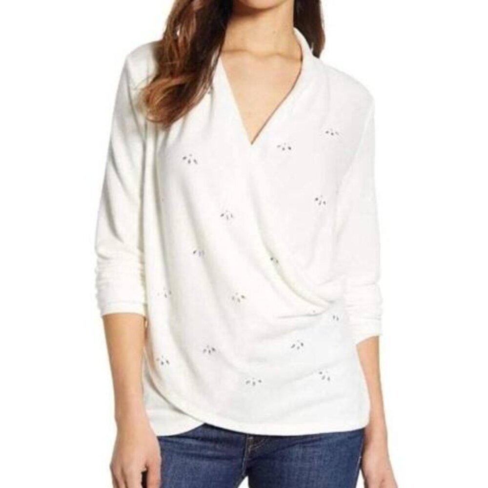 1. State Sweater White Jeweled Faux Wrap Front V-Neck knit casual neutral